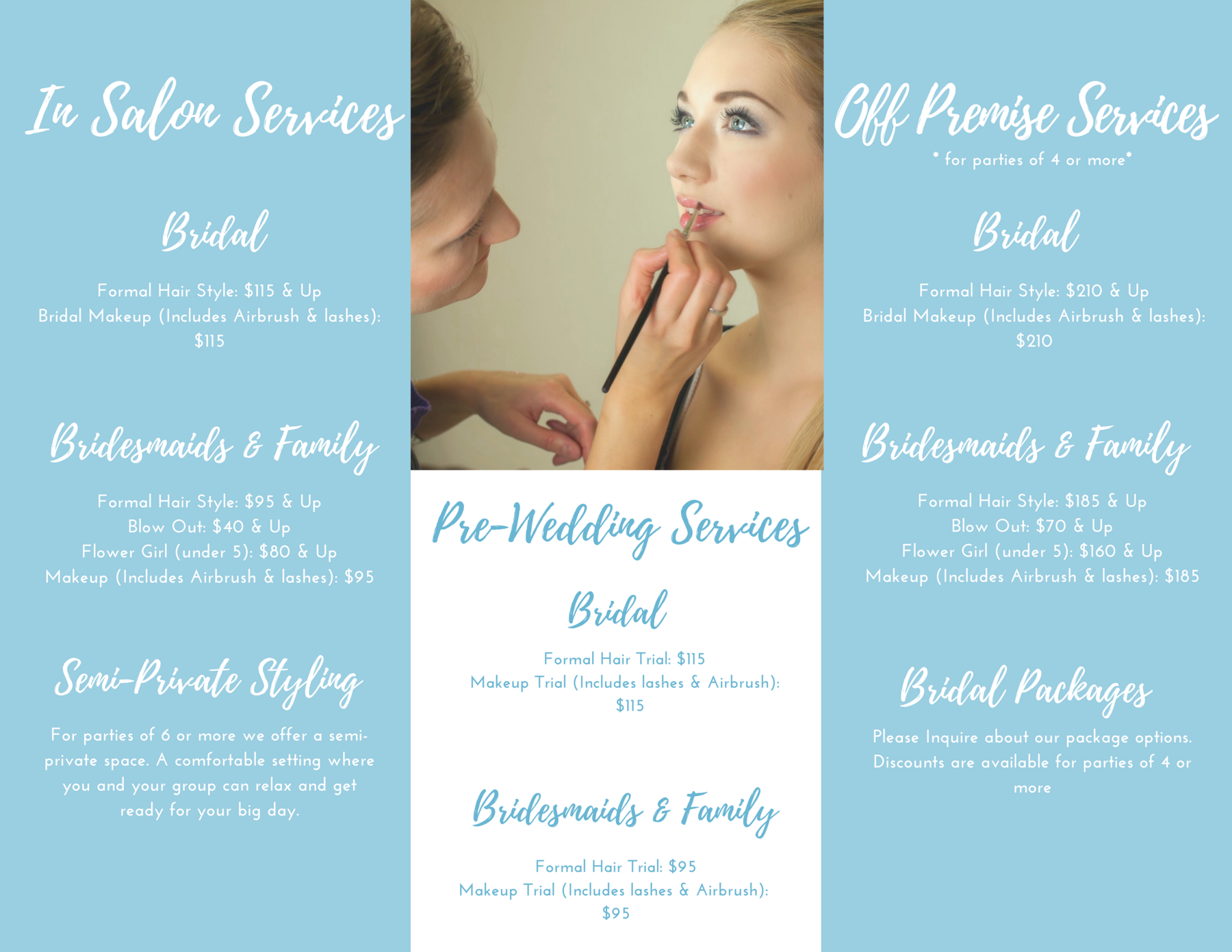 Hair Creations Family Salon bridal services menu with in-salon, pre-wedding, and off-premise pricing