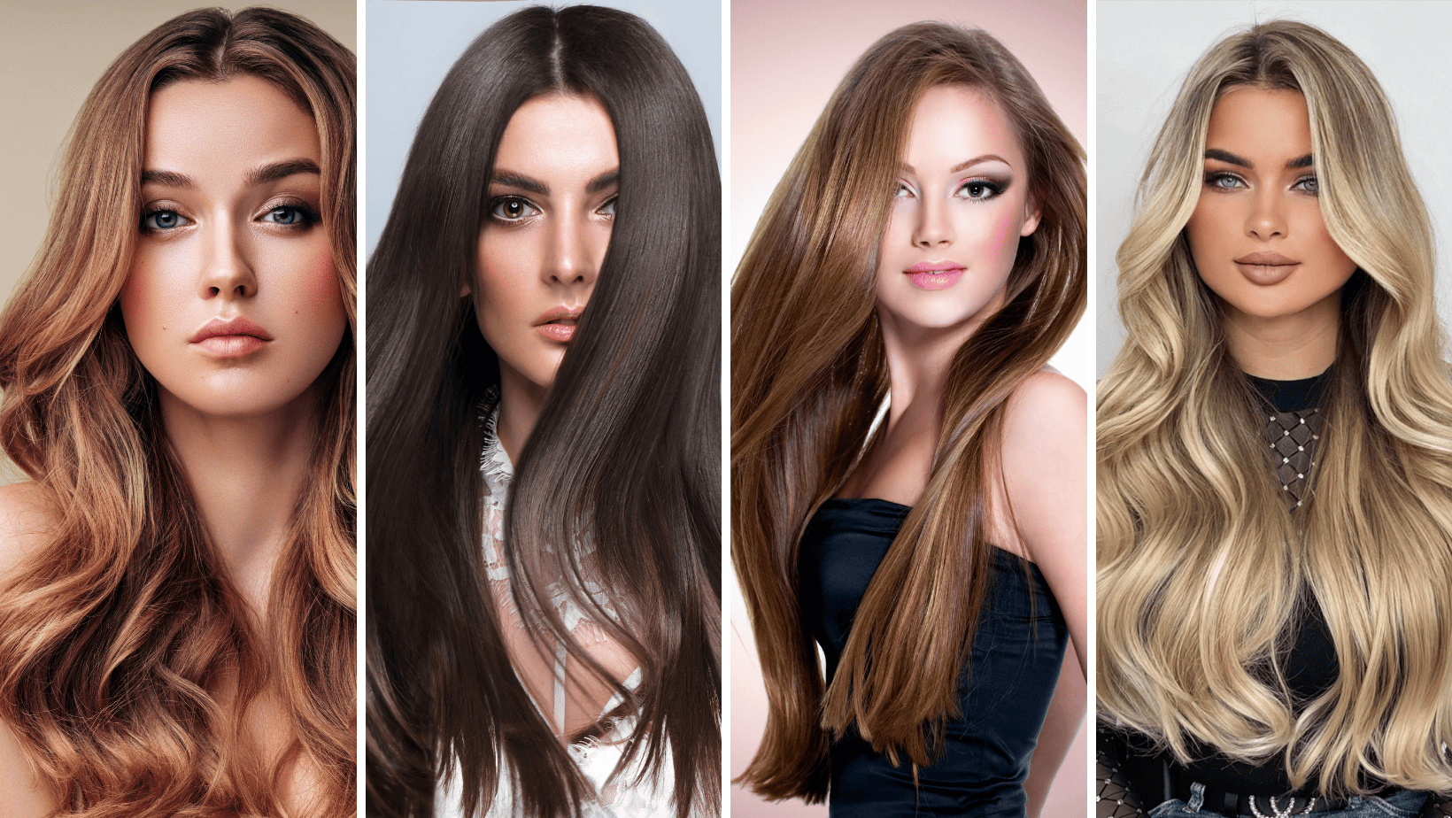 Four polished hairstyles in copper, brunette, auburn, and blonde